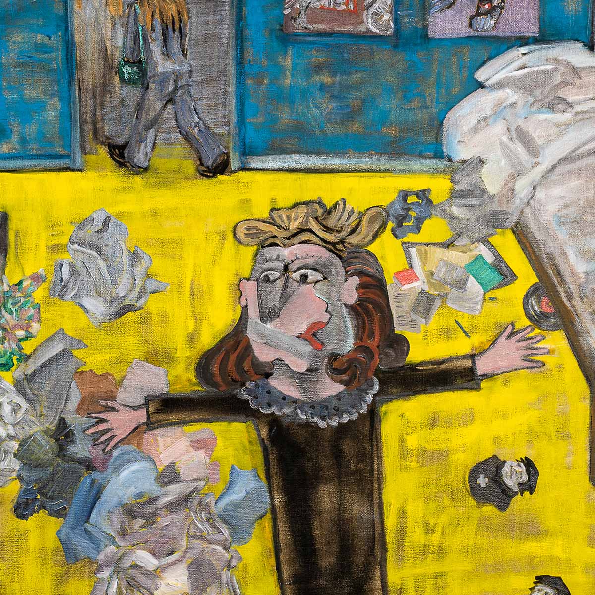 Anna Sjödahls färgglada målning där en mamma med Picasso-inspirerat ansikte står med armarna utslagna i ett stökigt rum. I bakgrunden går två ungdomar ut ur en dörr och det hänger affischer med rockgruppen Kiss på väggen. Framför mammans fötter ligger flera små byster av Martin Luther.