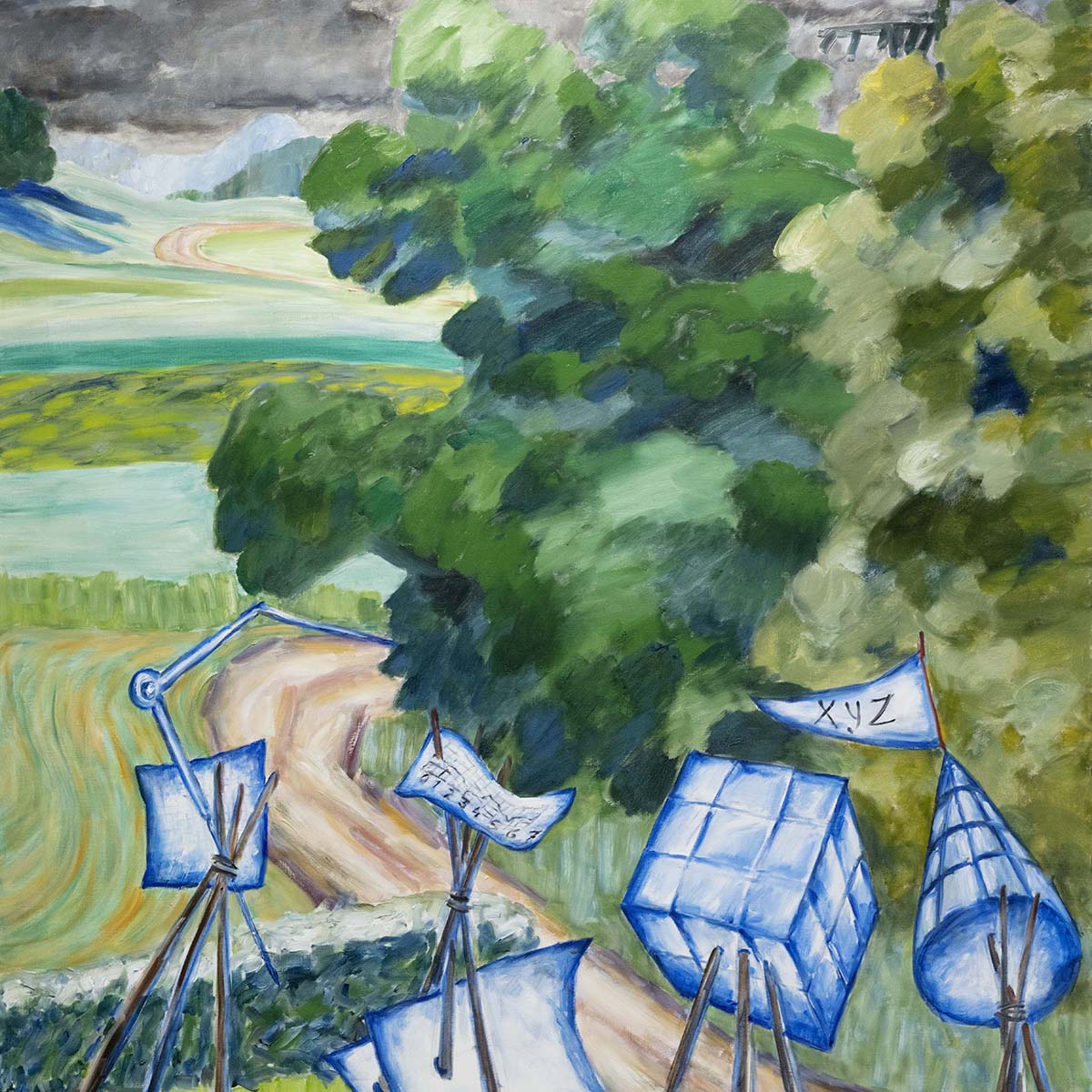 Målning av Anna Sjödahl som föreställer vitblå konstruktioner som står i ett landskap.