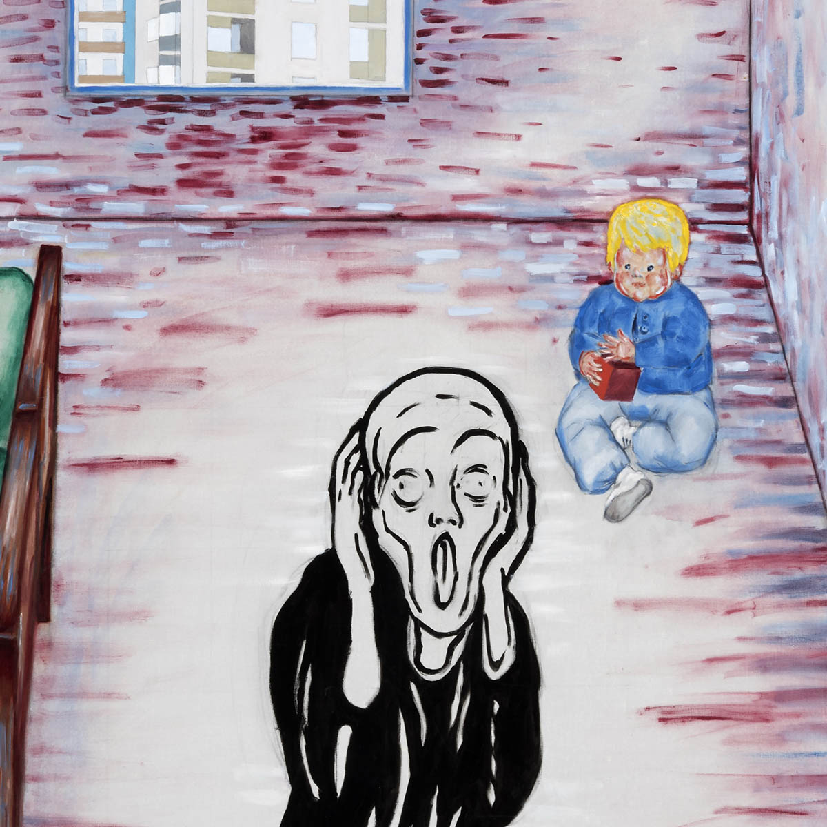 Anna Sjödahls målning där gestalten från Edvard Munchs målning Skriet står i förgrunden. Bakom gestalten sitter ett litet färgglatt barn och leker. I fönstret skymtar stora hyreshus.