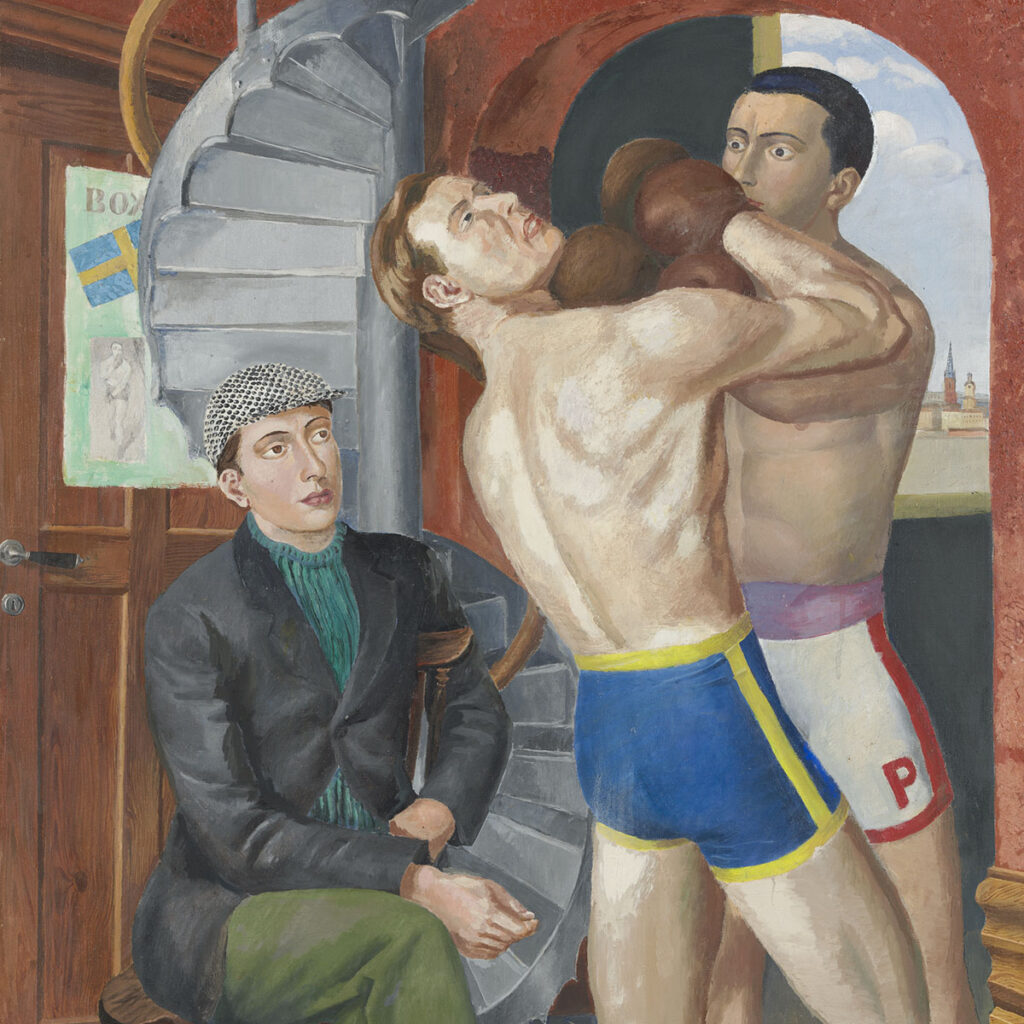 Målning som föreställer en man som sitter på en stol och tittar på två boxare.