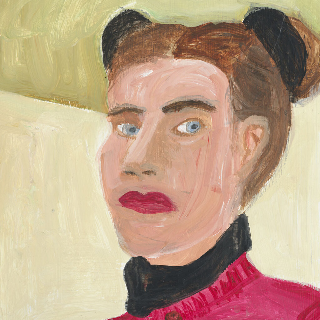 Målning som föreställer en kvinna med rött läppstift och uppsatt hår.