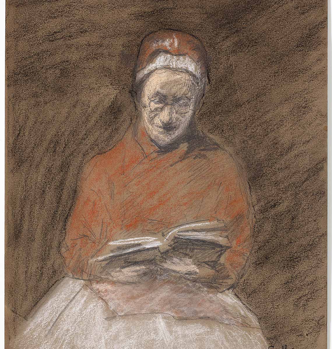 Emma Tolls teckning föreställande en dam klädd i röd dräkt. Damen läser en bok.