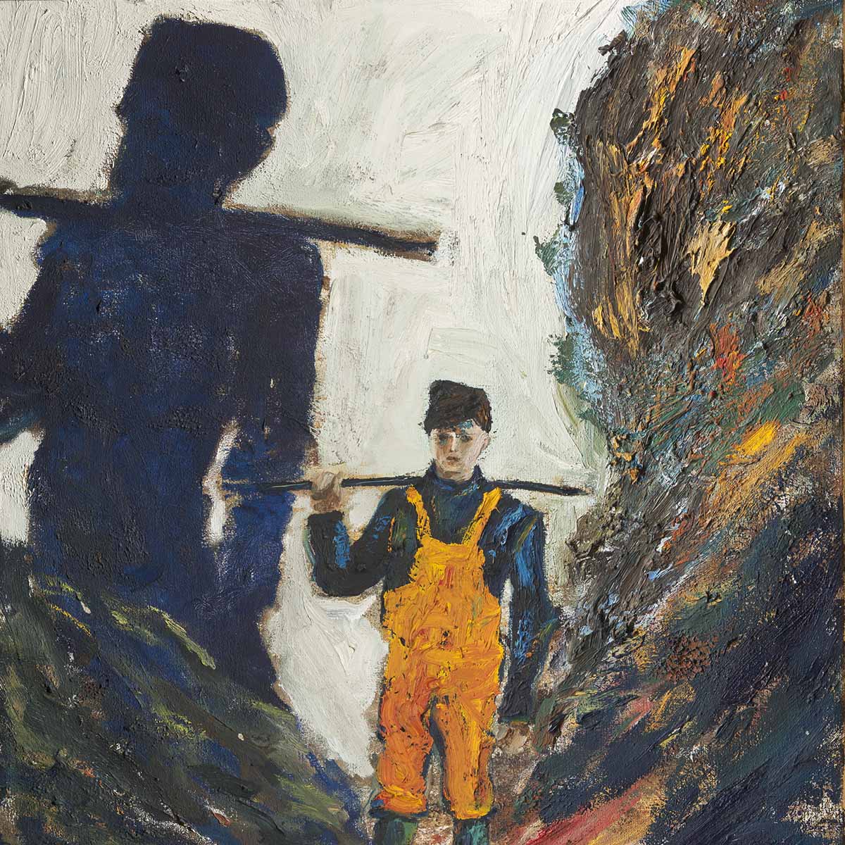 Målning som föreställer en man i orangea byxor.