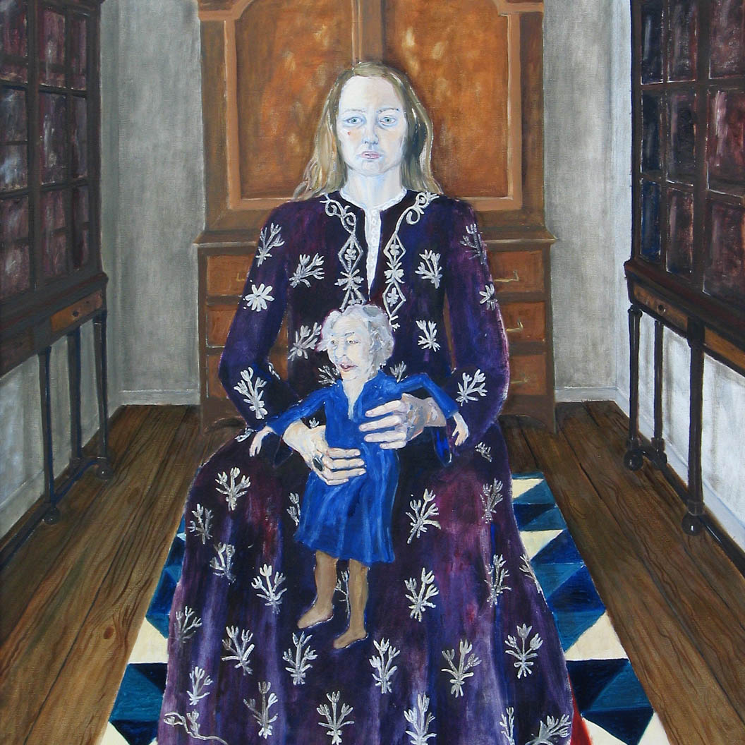 Målning av Lena Cronqvist som föreställer en sittande kvinna klädd i lila klänning hållandes en liten gammal kvinna i blå klänning.