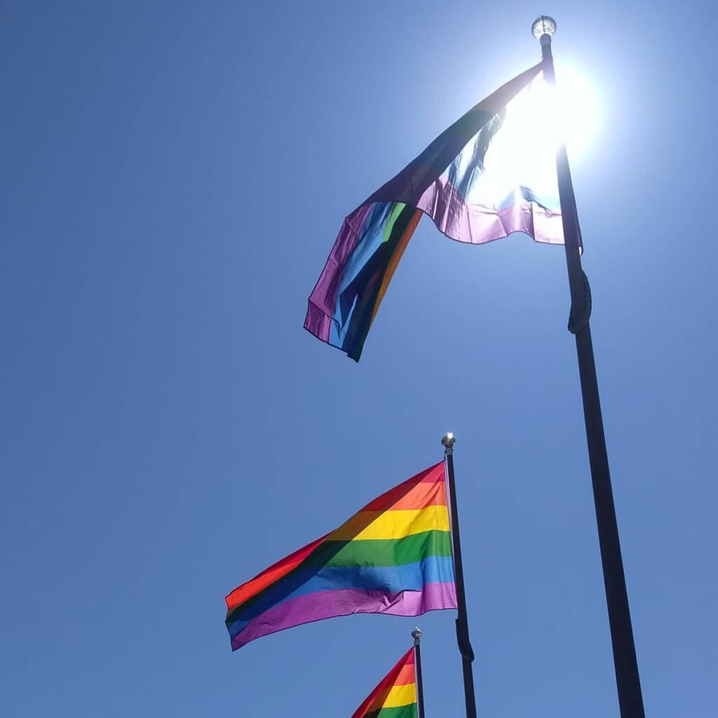 Hissade Pride-flaggor mot en blå himmel